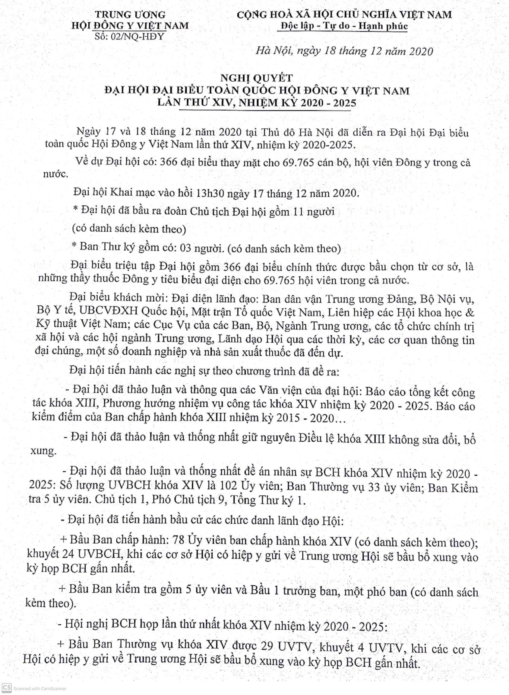 Nghị quyết Đại hội đại biểu toàn quốc Hội Đông y Việt Nam lần thứ XIV, Nhiệm ký 2020-2025